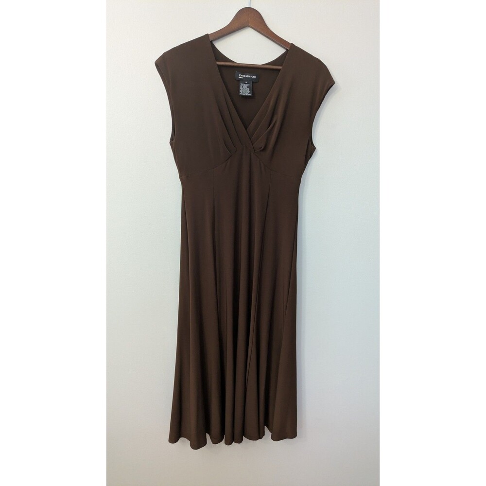 90s Y2K Jones New York Babydoll Midi Dress Size 8 Chocolate Brown V-Neck Stretch